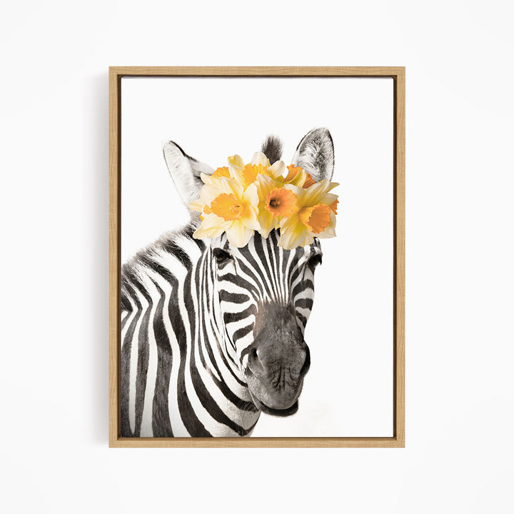A zebra wearing a yellow flower crown on its head.