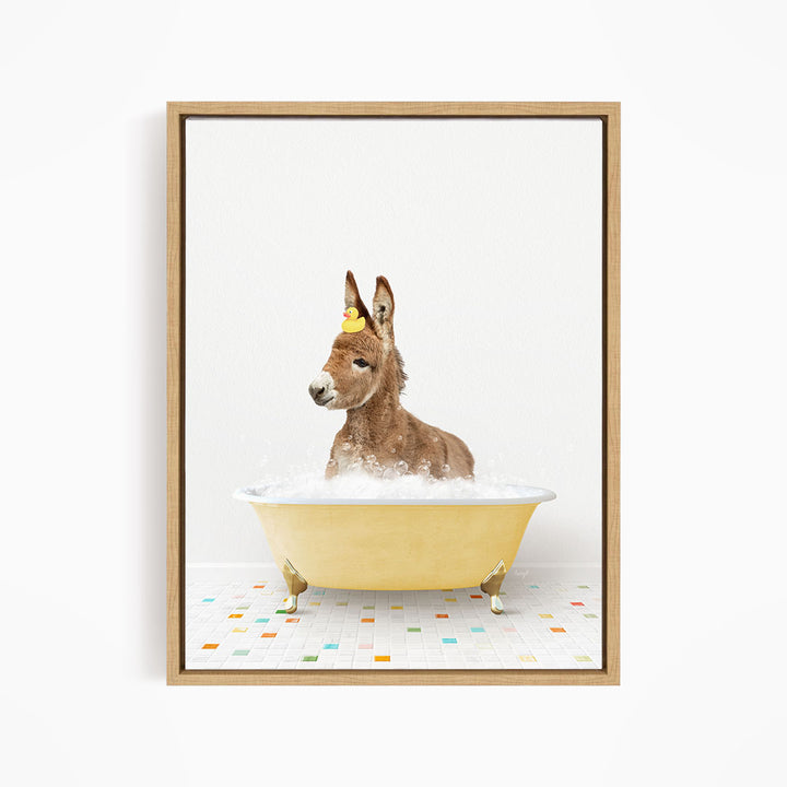 A donkey wearing a yellow hat is sitting in a yellow bathtub filled with bubbles, creating a whimsical and playful scene.