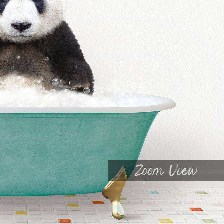 A panda bear sitting in a green bathtub filled with bubbles, with a text overlay that reads "Zoom View".