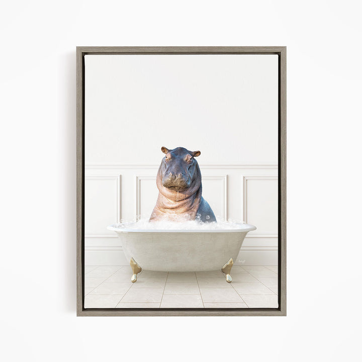 A hippopotamus sitting in a bathtub filled with water, creating a whimsical and playful scene.