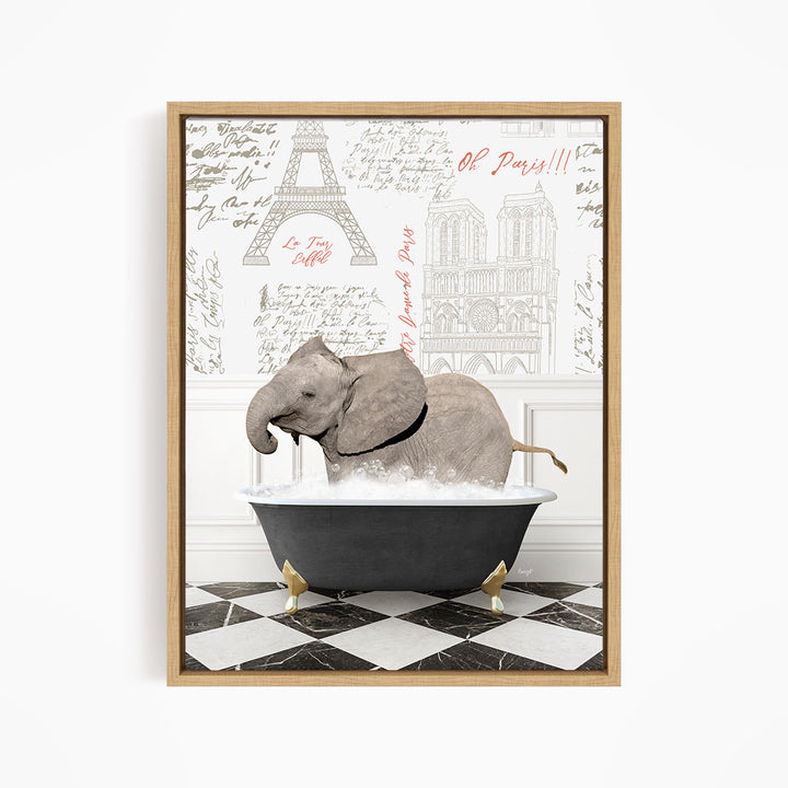 A framed image depicting an elephant sitting in a bathtub, surrounded by various architectural drawings and text.