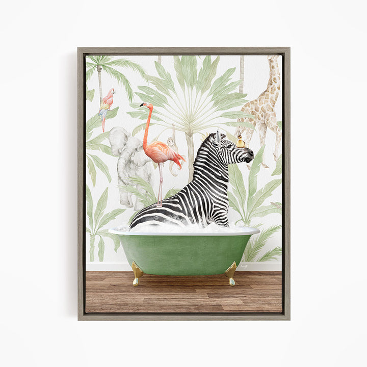 A zebra is sitting in a green bathtub, surrounded by various colorful birds and animals, including a flamingo, a giraffe, and a parrot, against a tropical background.