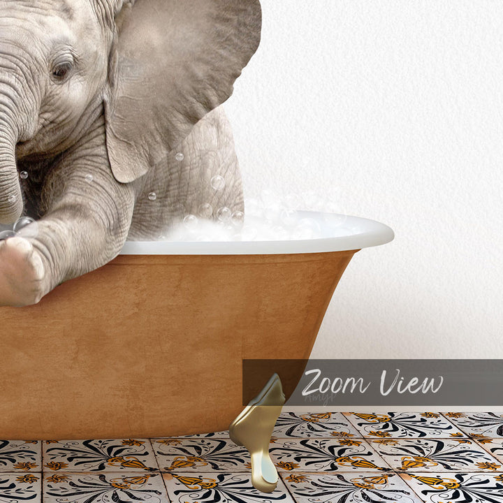 A baby elephant sitting in a bathtub filled with water, surrounded by a patterned tile floor.