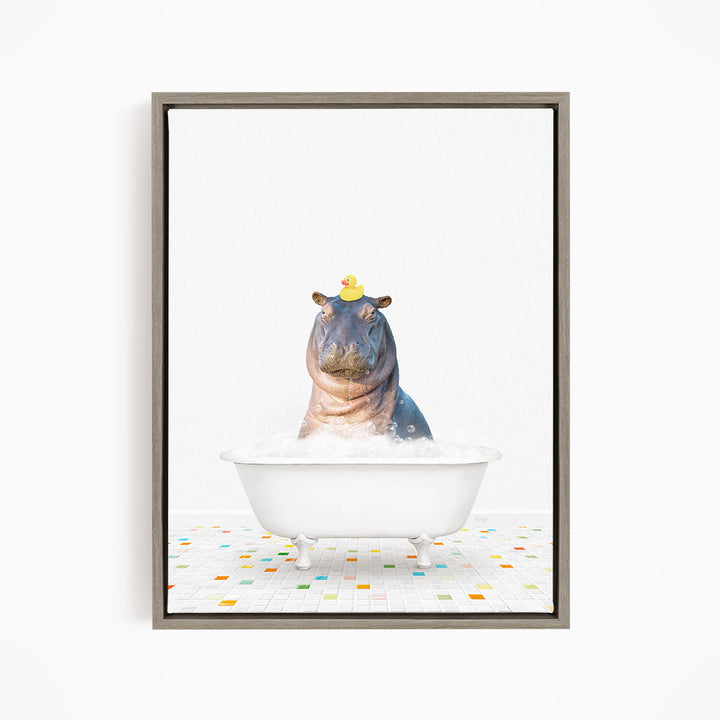 A hippopotamus sitting in a white bathtub, with a yellow rubber duck perched on its head.