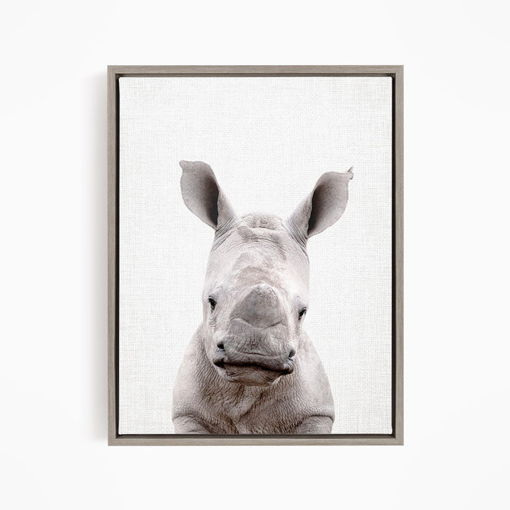 A close-up portrait of a rhinoceros, with its distinctive horn-like features prominently displayed against a plain background.
