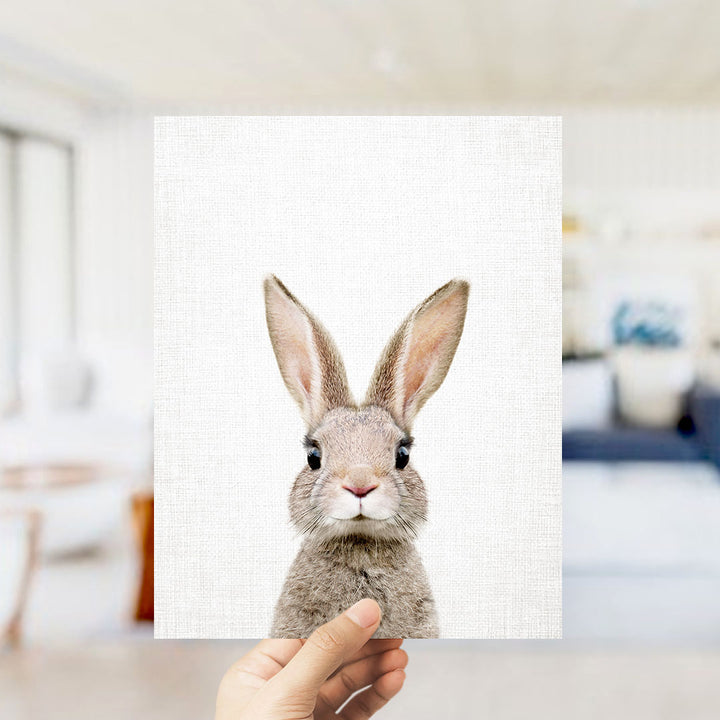 A hand is holding up a square print featuring a close-up of a rabbit's face.