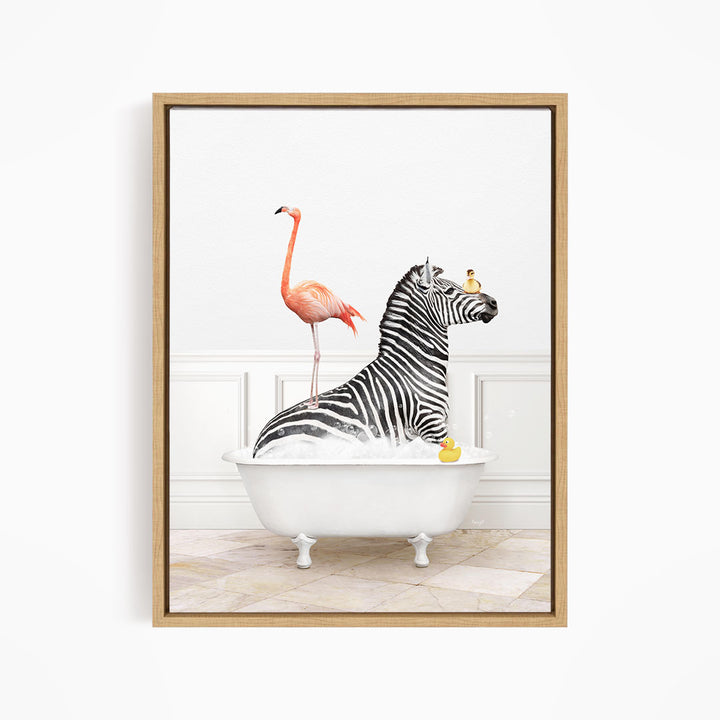 A zebra is sitting in a white bathtub, with a flamingo standing on its back and a yellow rubber duck floating on its head.