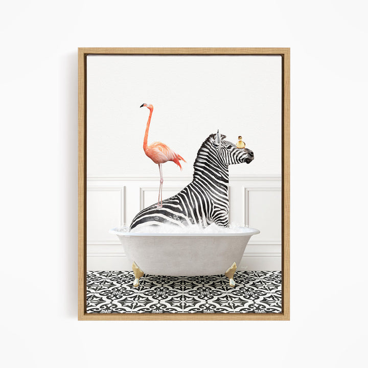A zebra is sitting in a bathtub, with a flamingo standing on its back legs and a bird perched on its head.