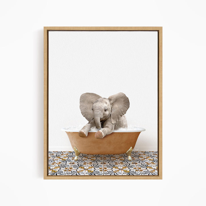 A baby elephant sitting in a bathtub filled with water, surrounded by a patterned tile floor.
