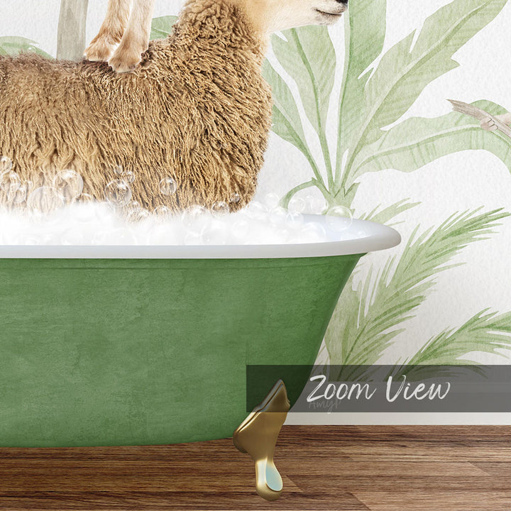 A fluffy brown sheep is sitting in a green bathtub filled with bubbles, with a palm tree patterned wall in the background.