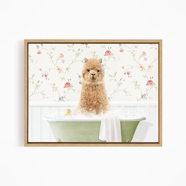 A fluffy brown alpaca sitting in a green bathtub filled with bubbles, surrounded by a floral wallpaper.