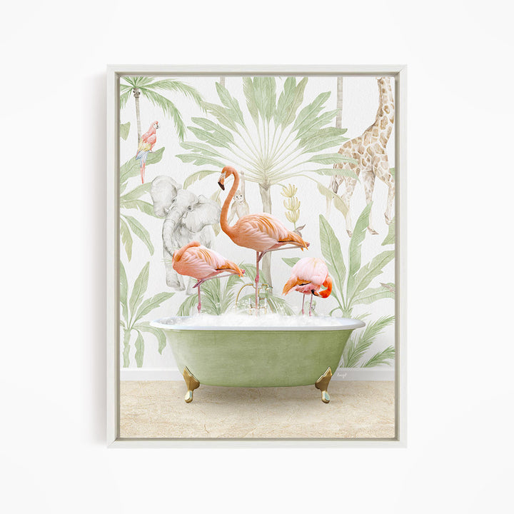 A framed print depicting a group of flamingos standing in a green bathtub, surrounded by tropical foliage and a giraffe in the background.