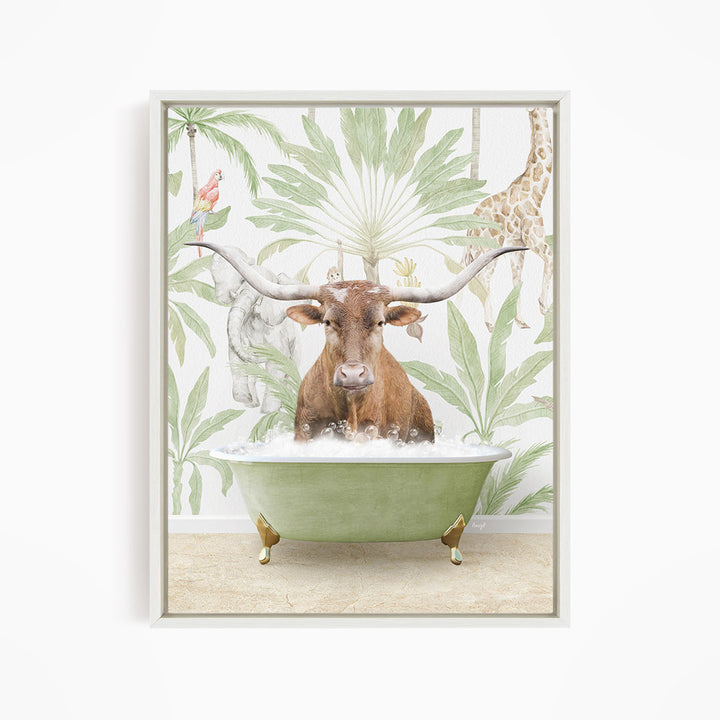 A brown cow with large horns is sitting in a green bathtub, surrounded by tropical foliage and a giraffe in the background.