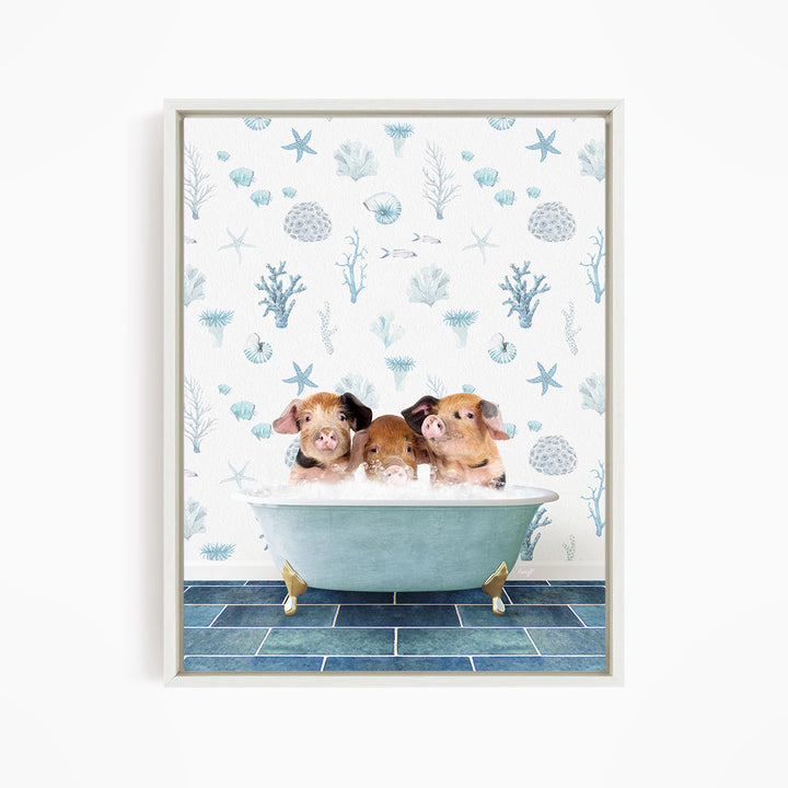Three adorable pigs sitting in a bathtub, surrounded by a blue and white ocean-themed wallpaper.