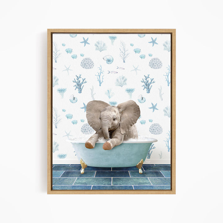 A baby elephant sitting in a blue bathtub, surrounded by a pattern of seashells, starfish, and other marine life.