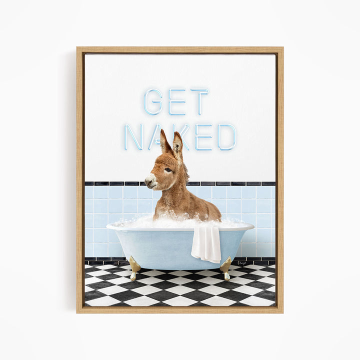 A donkey sitting in a bathtub with the text "GET NAKED" displayed above it.