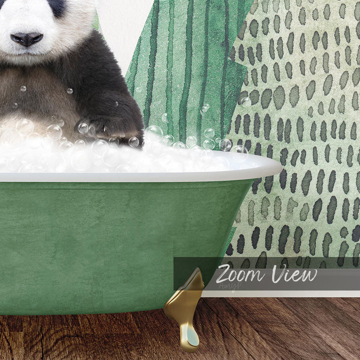 A panda bear sitting in a green bathtub filled with bubbles, with a patterned wall in the background.