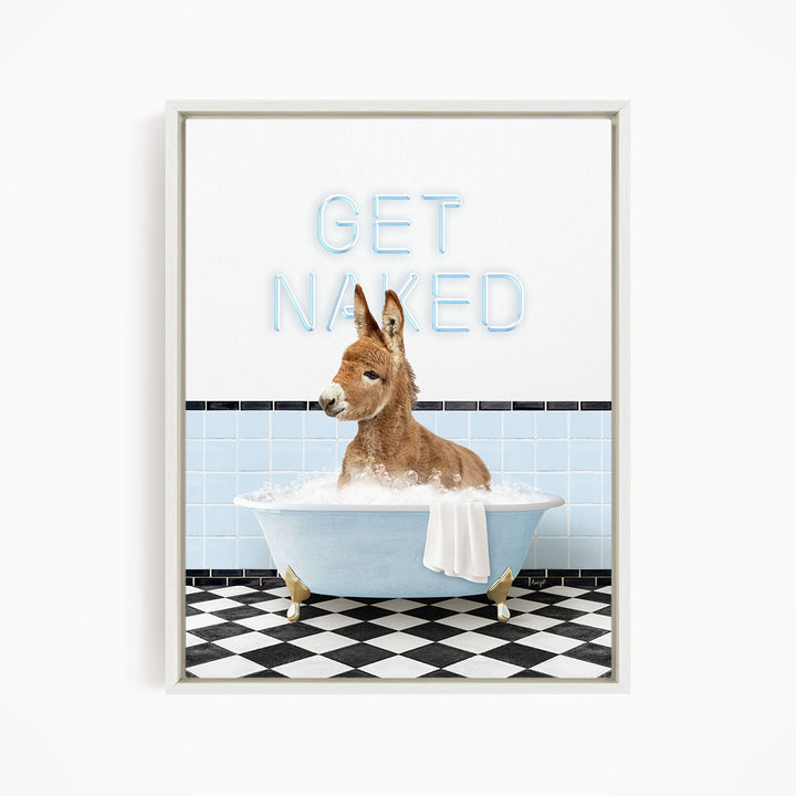 A donkey is sitting in a bathtub filled with bubbles, with the text "GET NAKED" displayed above it.