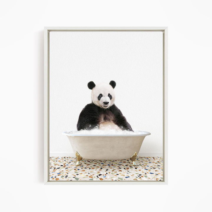 A panda bear sitting in a bathtub filled with water, surrounded by a tiled floor.
