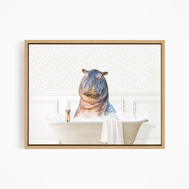 A framed image depicting a hippopotamus sitting in a bathtub, surrounded by bubbles and a small cat.