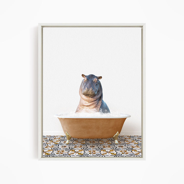 A hippopotamus sitting in a bathtub filled with water, surrounded by a patterned tile floor.