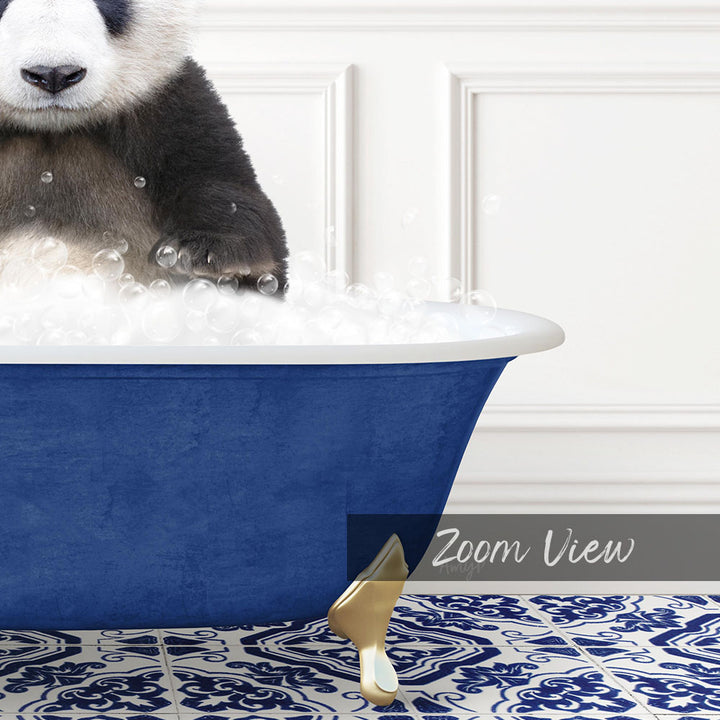 A panda bear sitting in a blue bathtub filled with bubbles, with a text overlay that reads "Zoom View".