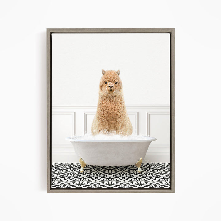 A fluffy brown dog sitting in a white bathtub filled with water, surrounded by a black and white patterned floor.