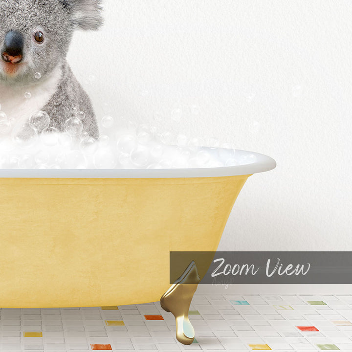 A koala sitting in a yellow bathtub filled with bubbles, with a text overlay that reads "Zoom View".