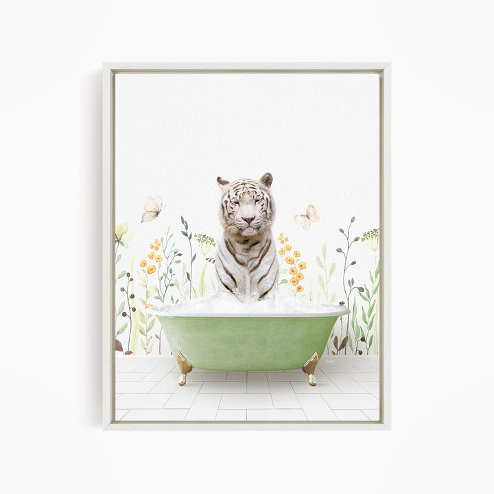 A white tiger is sitting in a green bathtub filled with bubbles, surrounded by flowers and butterflies.
