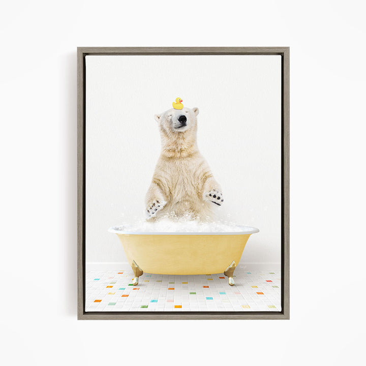 A polar bear standing in a yellow bathtub, with a rubber duck on its head, creating a whimsical and playful scene.