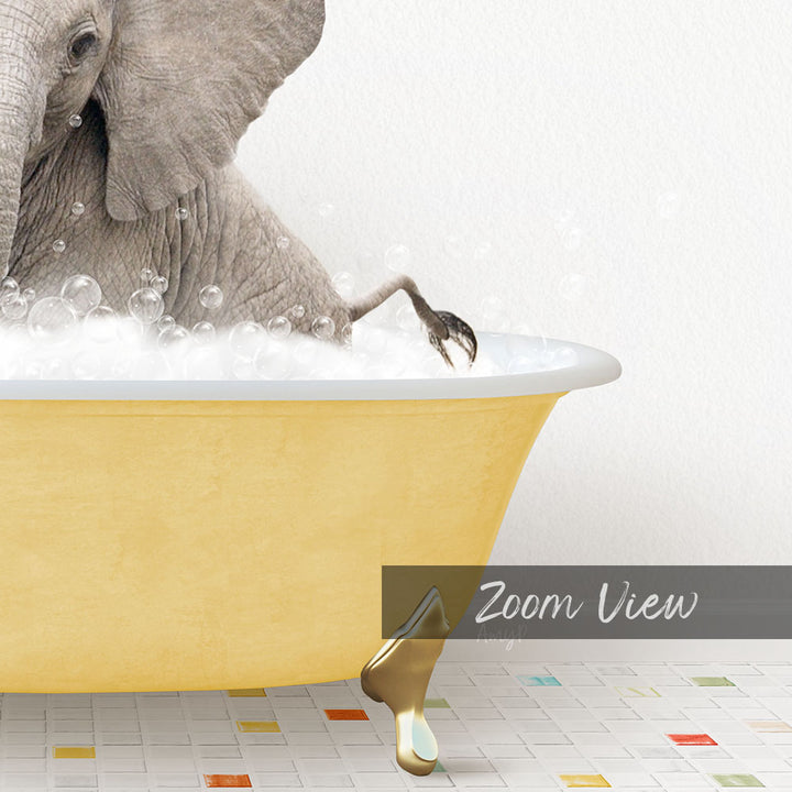 A large elephant is sitting in a yellow bathtub filled with bubbles, with its foot in the water.