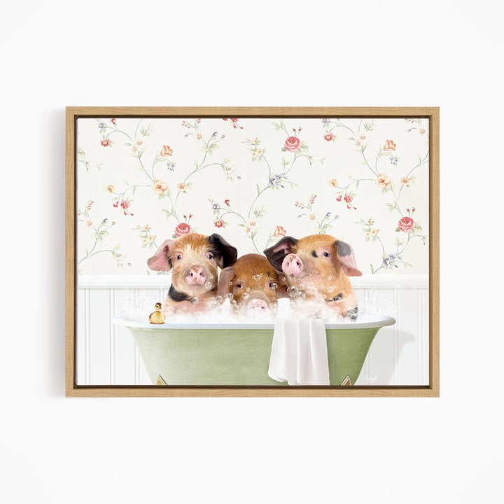 Three adorable pigs sitting in a green bathtub, enjoying a bubble bath.