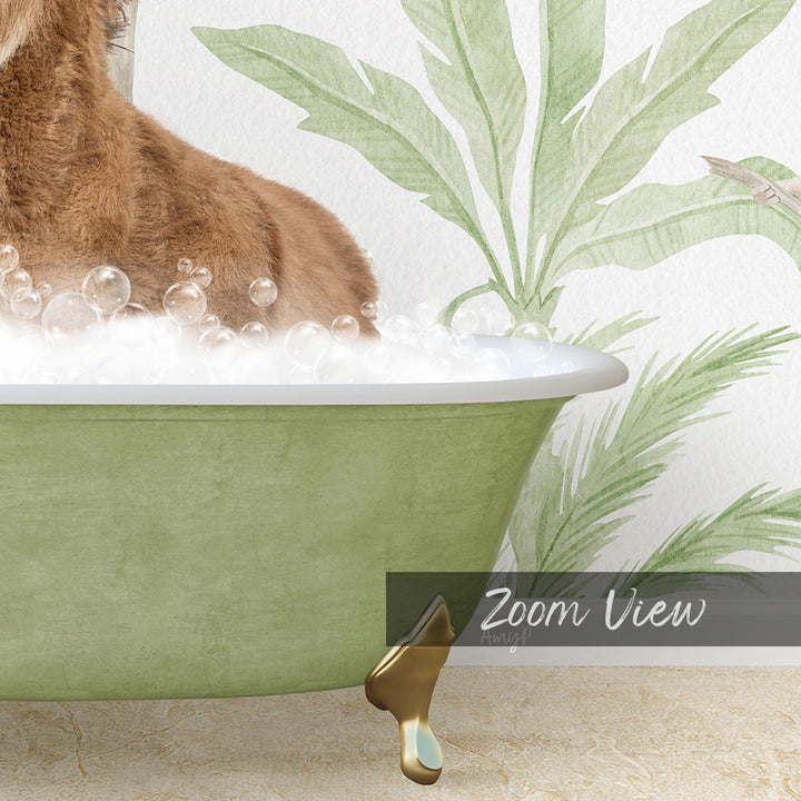 A brown dog is sitting in a green bathtub filled with bubbles, with a tropical plant design in the background.