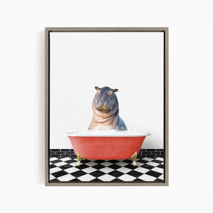 A hippopotamus sitting in a red bathtub filled with water, surrounded by a black and white checkered floor.