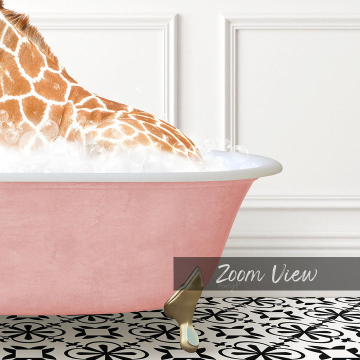 A giraffe is sitting in a pink bathtub filled with bubbles, with a gold faucet and a black and white patterned floor visible in the background.