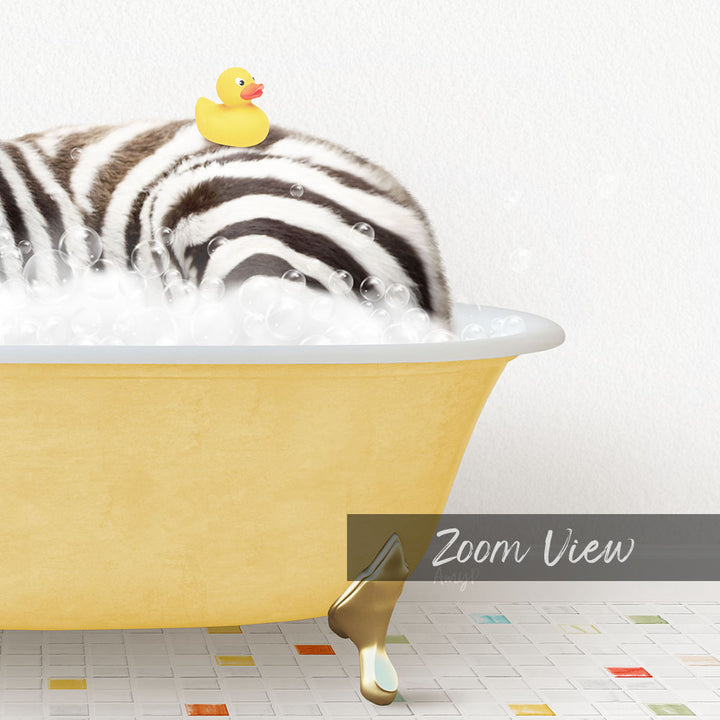A yellow bathtub filled with bubbles, with a rubber duck sitting on top of the zebra-striped animal inside.