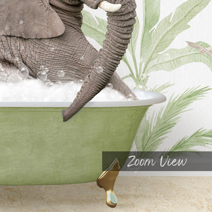 An elephant is sitting in a green bathtub filled with bubbles, surrounded by palm leaves and a tropical-themed wallpaper.
