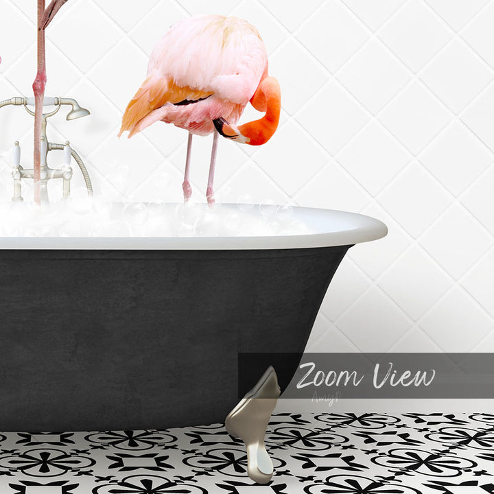 A pink flamingo standing in a bathtub filled with water, with a black and white patterned floor in the foreground.