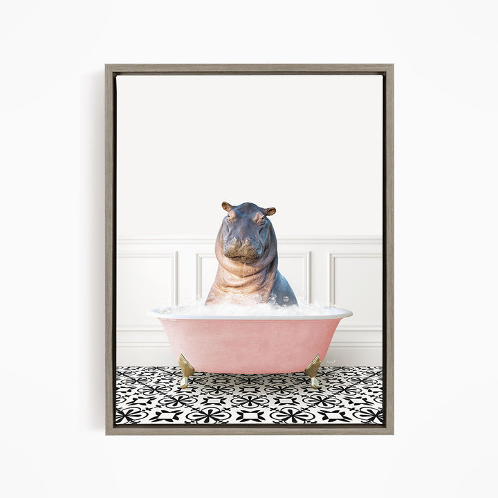 A hippopotamus sitting in a pink bathtub filled with water, surrounded by a black and white patterned floor.