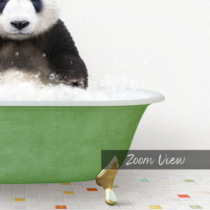 A panda bear sitting in a green bathtub filled with bubbles, with a text overlay that reads "Zoom View".
