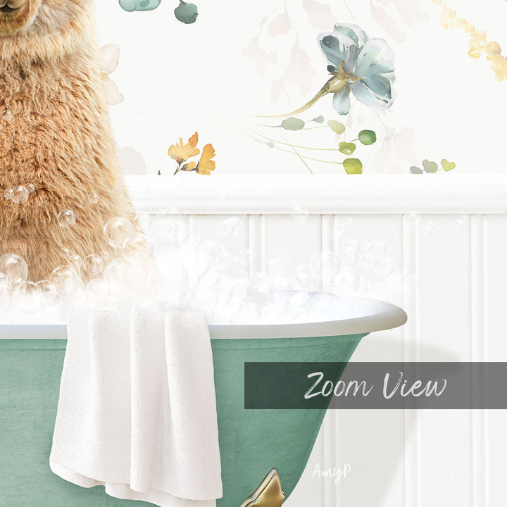 A close-up of a cat sitting in a bathtub filled with bubbles, with a floral wallpaper in the background.