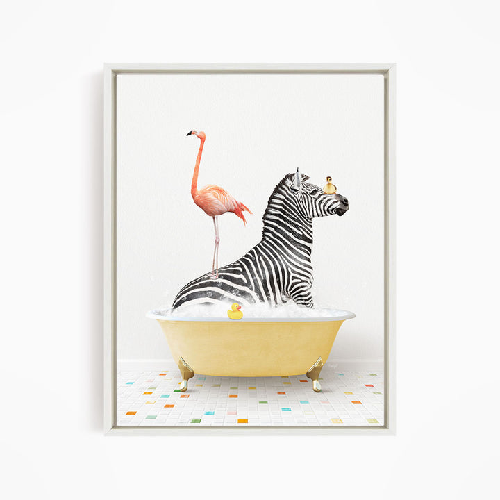 A zebra standing in a yellow bathtub, with a pink flamingo perched on its back, and a yellow rubber duck floating in the water.
