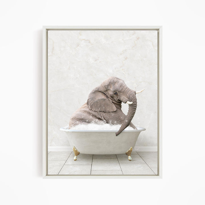 A gray elephant sitting in a white bathtub filled with water, with its trunk raised and mouth open.