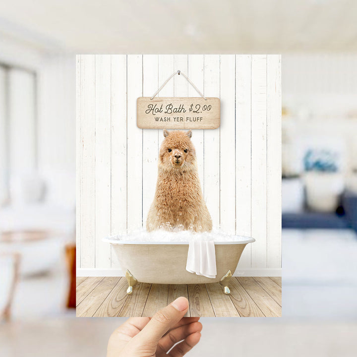 A hand holding a framed image of a fluffy brown dog sitting in a bathtub filled with water, with a sign above the dog that reads "Hot Bath $2.00 WASH YER FLUFF".
