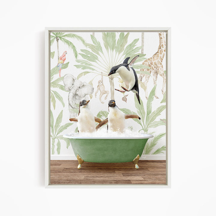 A framed image depicting two penguins sitting in a green bathtub, surrounded by a tropical jungle wallpaper with various animals such as a giraffe, parrot, and elephant.