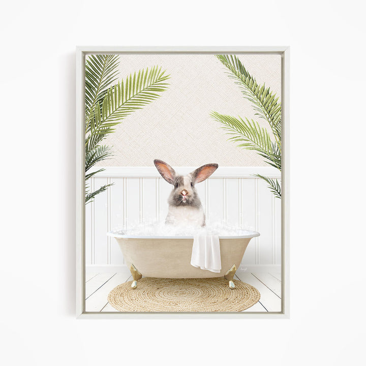 A rabbit sitting in a bathtub filled with water, surrounded by palm leaves, creating a whimsical and relaxing scene.