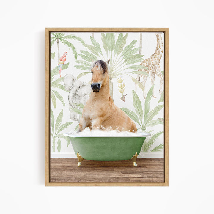 A light brown horse is sitting in a green bathtub, surrounded by a tropical wallpaper with various animals and plants.