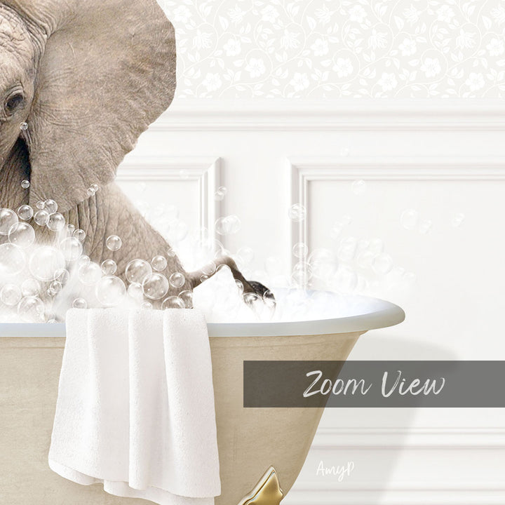 A large elephant is taking a bath in a white bathtub, surrounded by bubbles, with a towel and a text overlay that reads "Zoom View".
