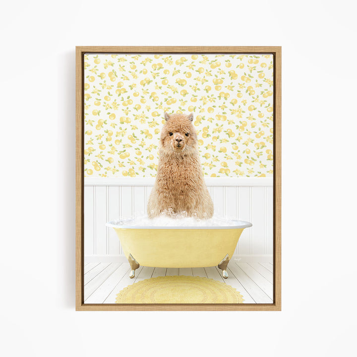 A fluffy brown dog sitting in a yellow bathtub filled with bubbles, surrounded by a yellow floral wallpaper.