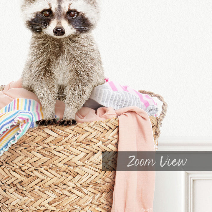 A raccoon sitting on top of a woven basket filled with clothes.